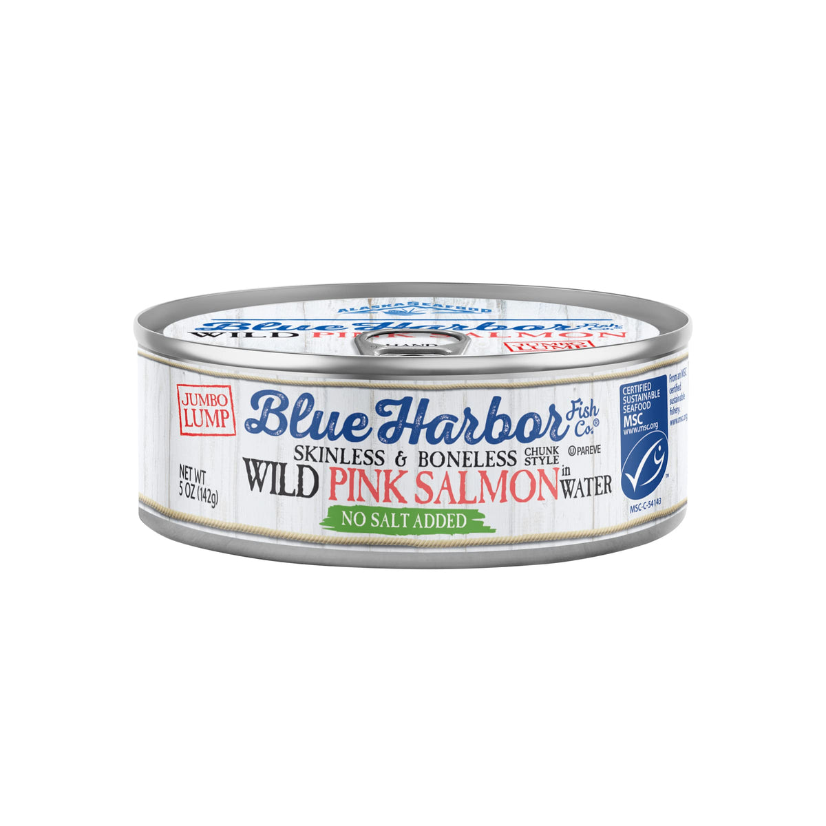 Blue Harbor Wild Pink Salmon can close-up shows light flaky texture and protein.