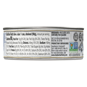 Blue Harbor Pink Salmon in Water No Salt Added label close-up.