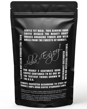 Blue Horse Kona 16oz bag back view highlighting freshness and sourcing.