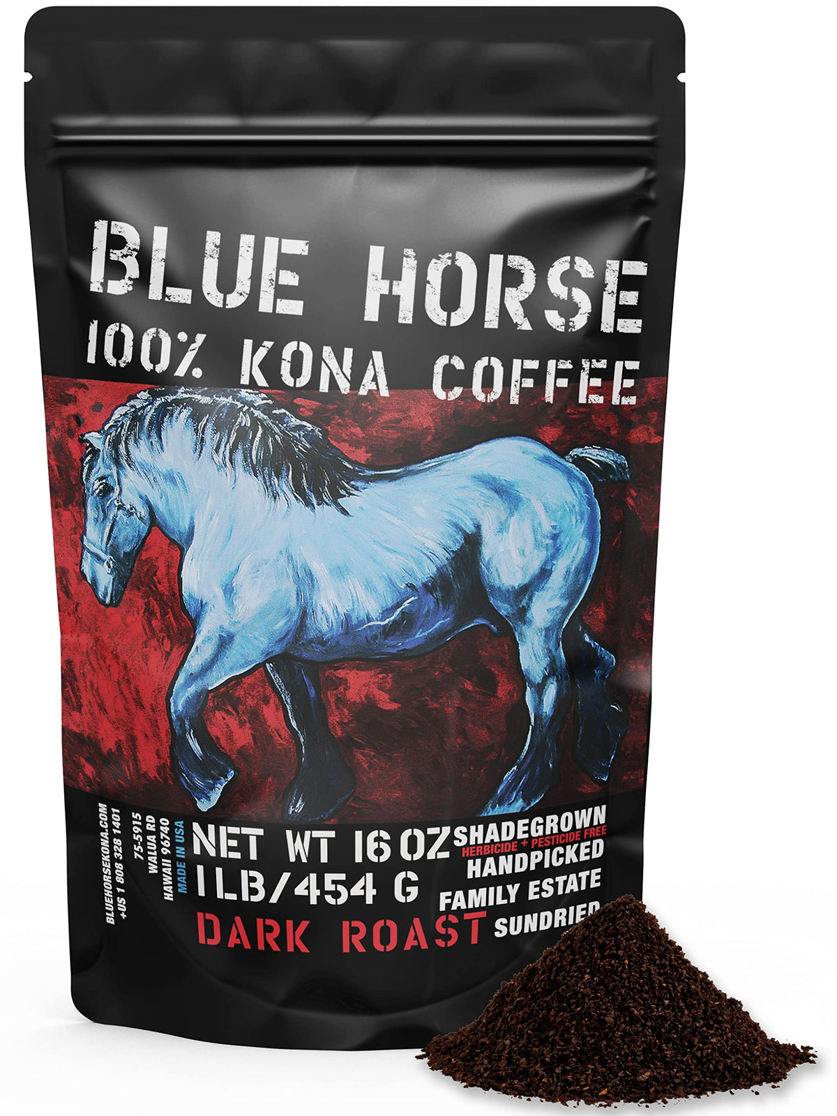 Blue Horse Kona 16oz bag front view for at-home brewing.