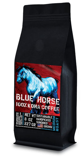 Blue Horse Kona Coffee bag front showing 100% Kona beans for premium Hawaiian flavor