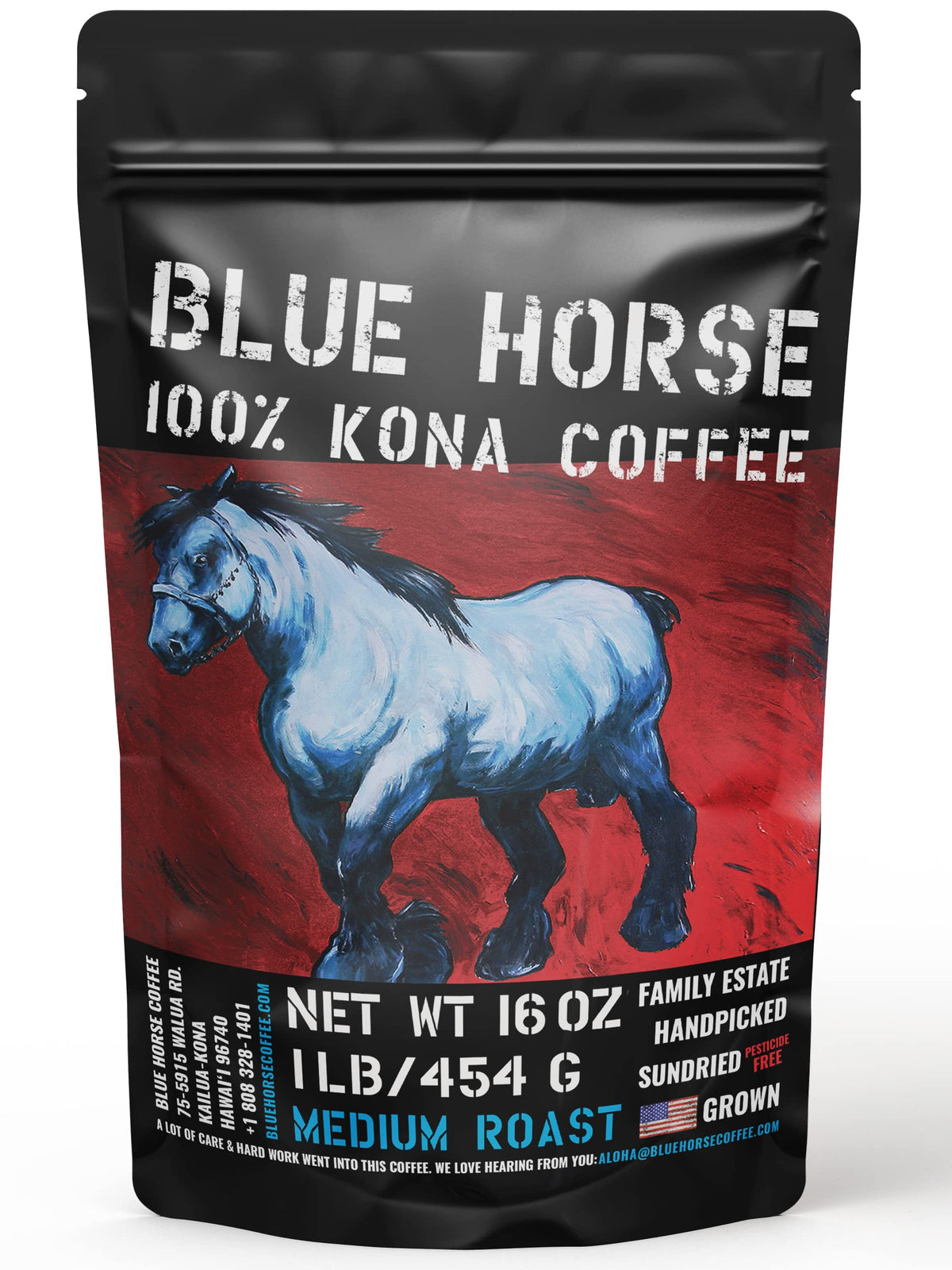 Blue Horse Kona Coffee bag front, showcasing authentic packaging and premium 100% Kona beans for rich aroma.