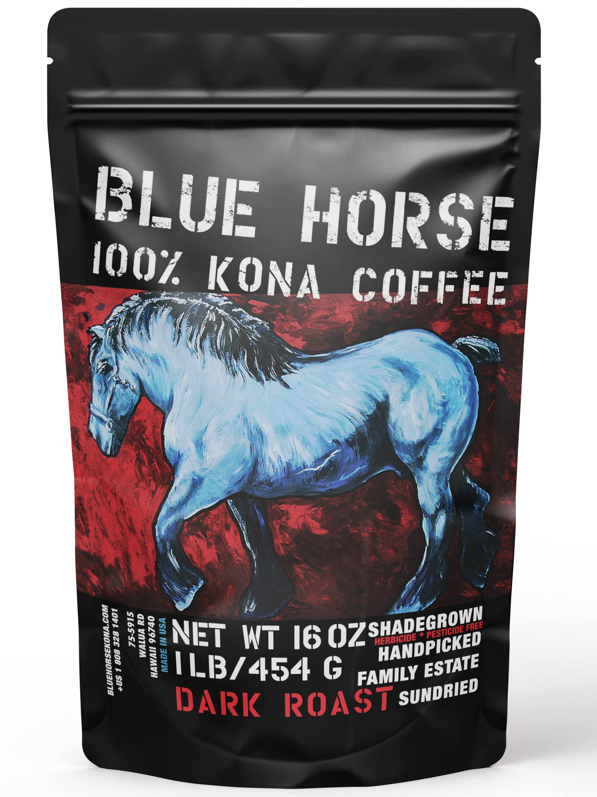 Blue Horse Kona Coffee bag front highlights premium 100% Kona beans for daily brewing