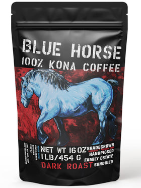 Blue Horse Kona Coffee bag front highlights premium 100% Kona beans for daily brewing