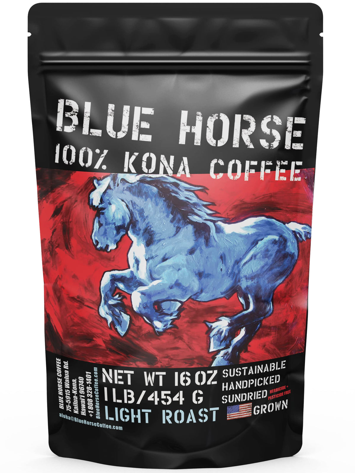 Blue Horse Kona Coffee bag on counter; fresh premium beans ready for your morning brew.
