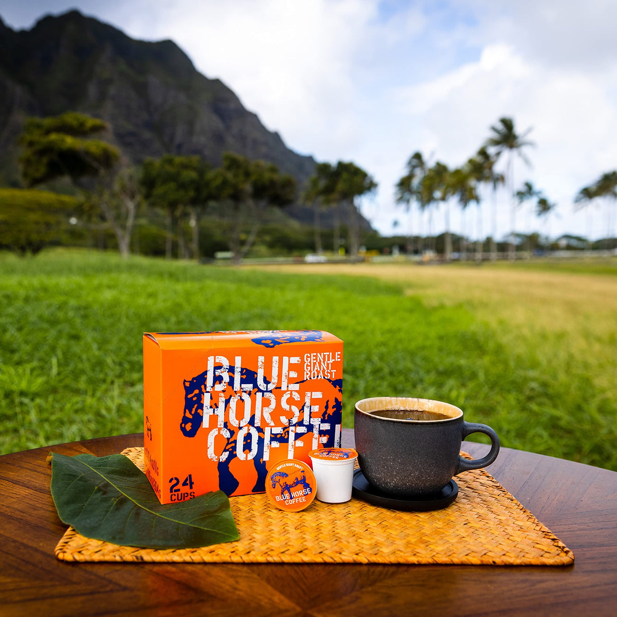 Blue Horse Kona Gentle Giant pod highlights premium Arabica beans.