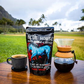 Blue Horse Kona ground Arabica close-up ready for grind or espresso.