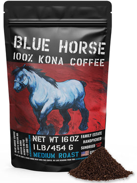 Blue Horse Kona Coffee ground bag front showing premium 100 Kona beans and aroma