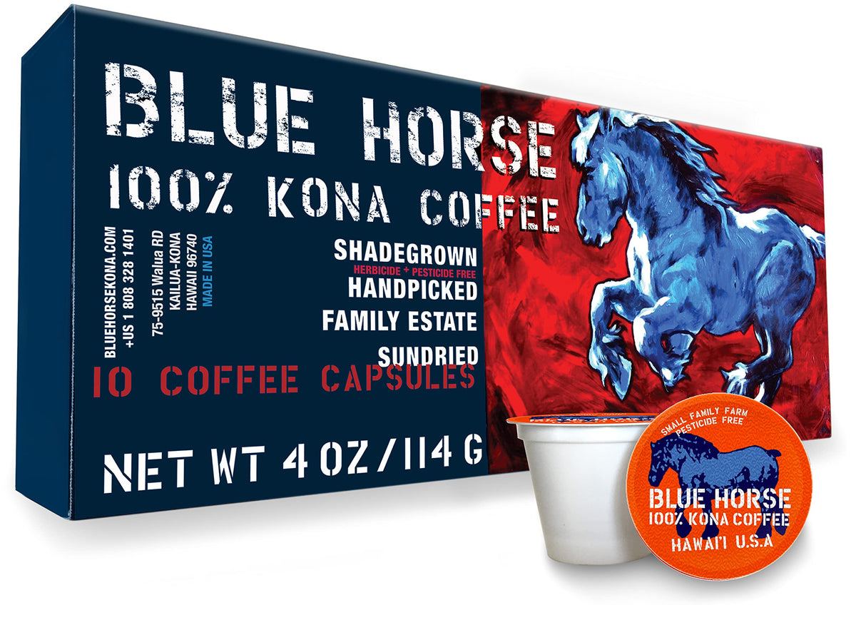 Blue Horse Kona pod close-up aroma with rich, smooth flavor