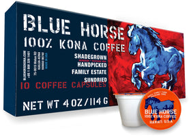 Blue Horse Kona pod close-up aroma with rich, smooth flavor