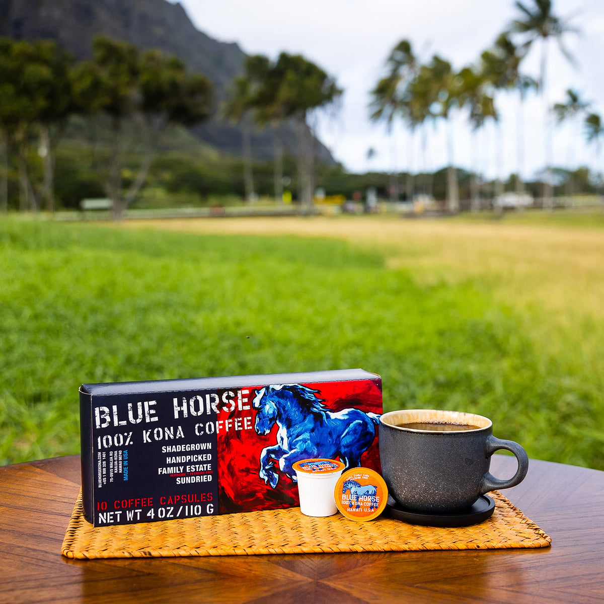 Blue Horse Kona pod pouring into a cup, medium roast