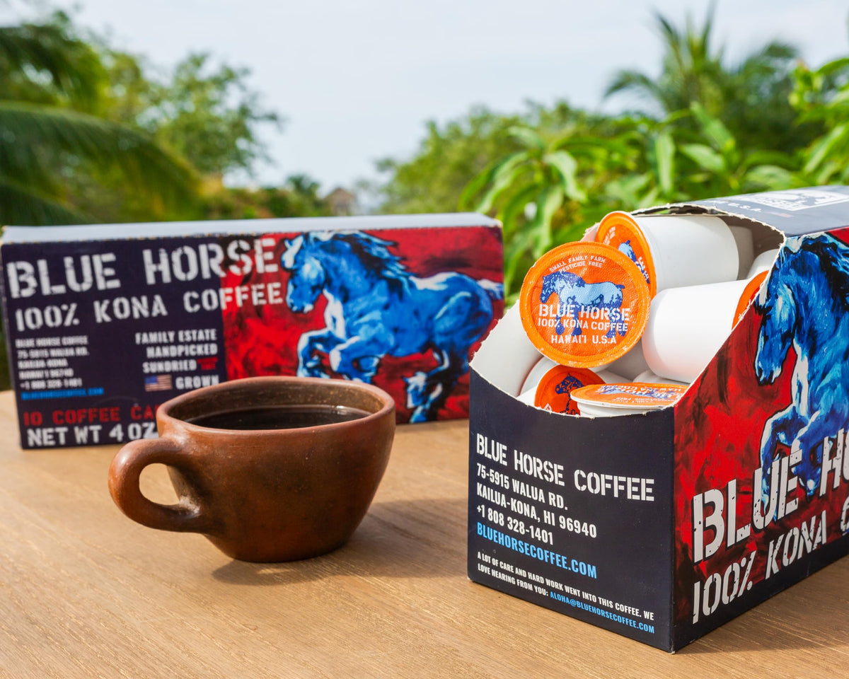 Blue Horse Kona medium roast yields a light, velvety body.