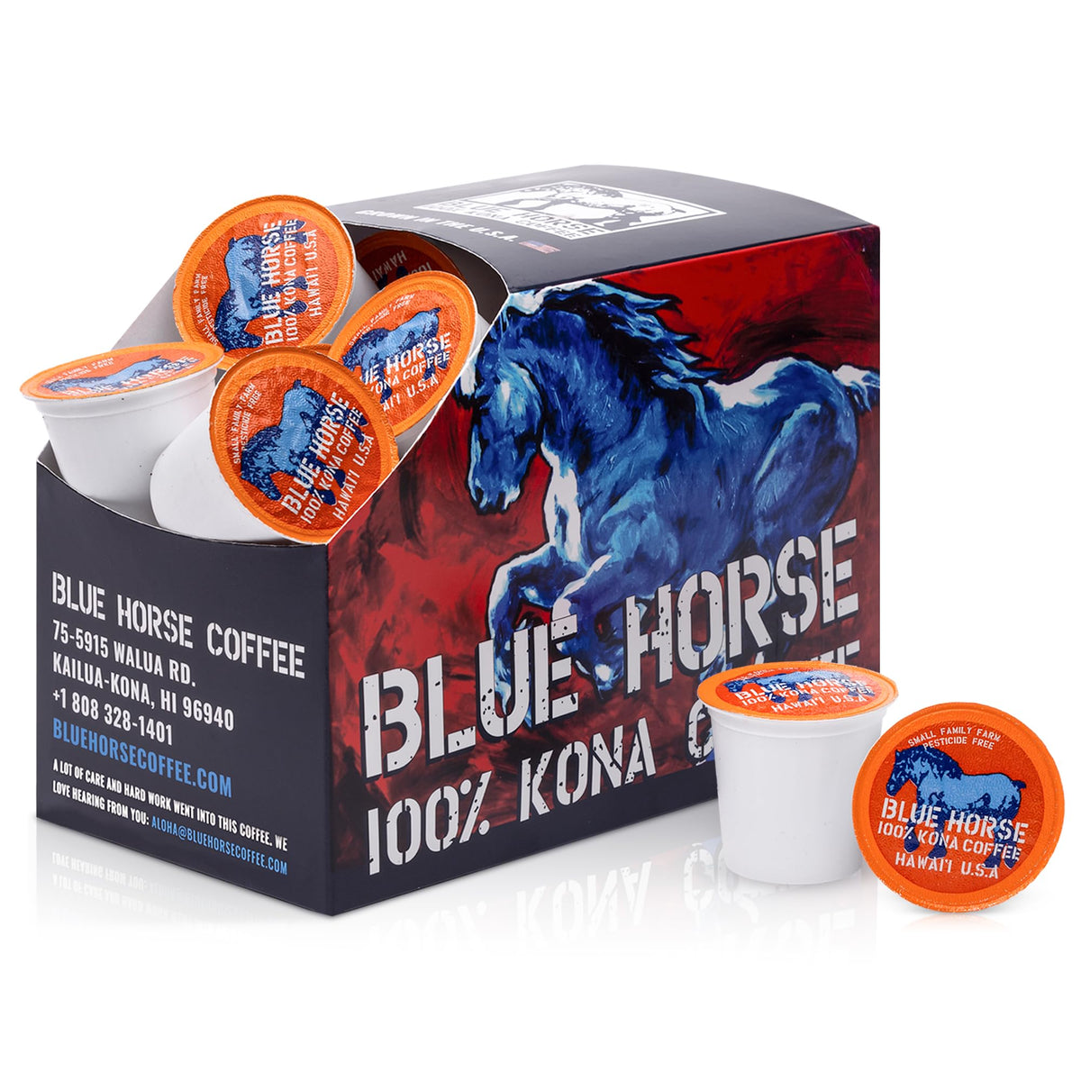 Blue Horse Kona pods in a box showing premium 100% Kona beans.