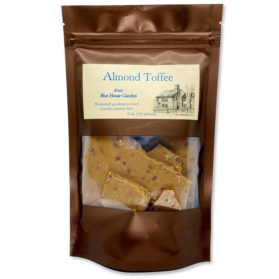 Blue House Candies almond toffee 6oz packaging in a secure gift-ready box
