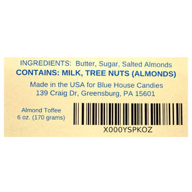 Blue House Candies almond toffee 6oz USA-made badge signals quality