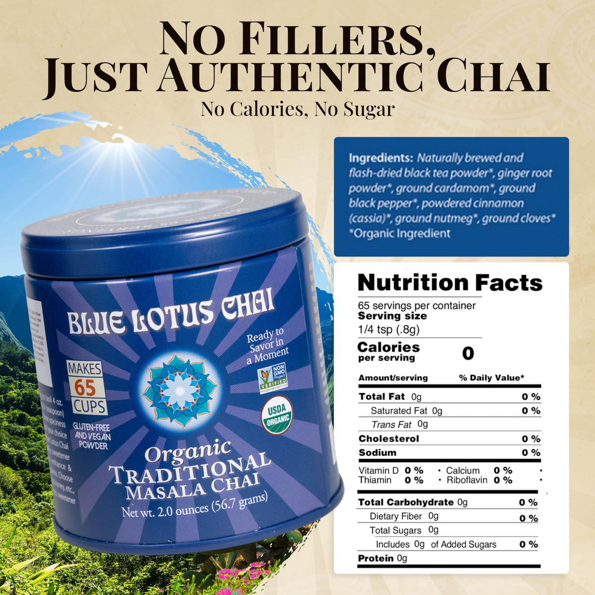 Blue Lotus Chai tin showing 65 cups claim