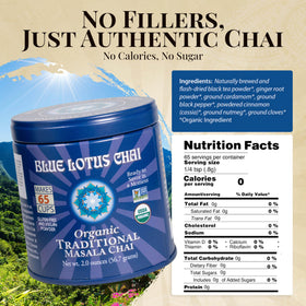 Blue Lotus Chai tin showing 65 cups claim