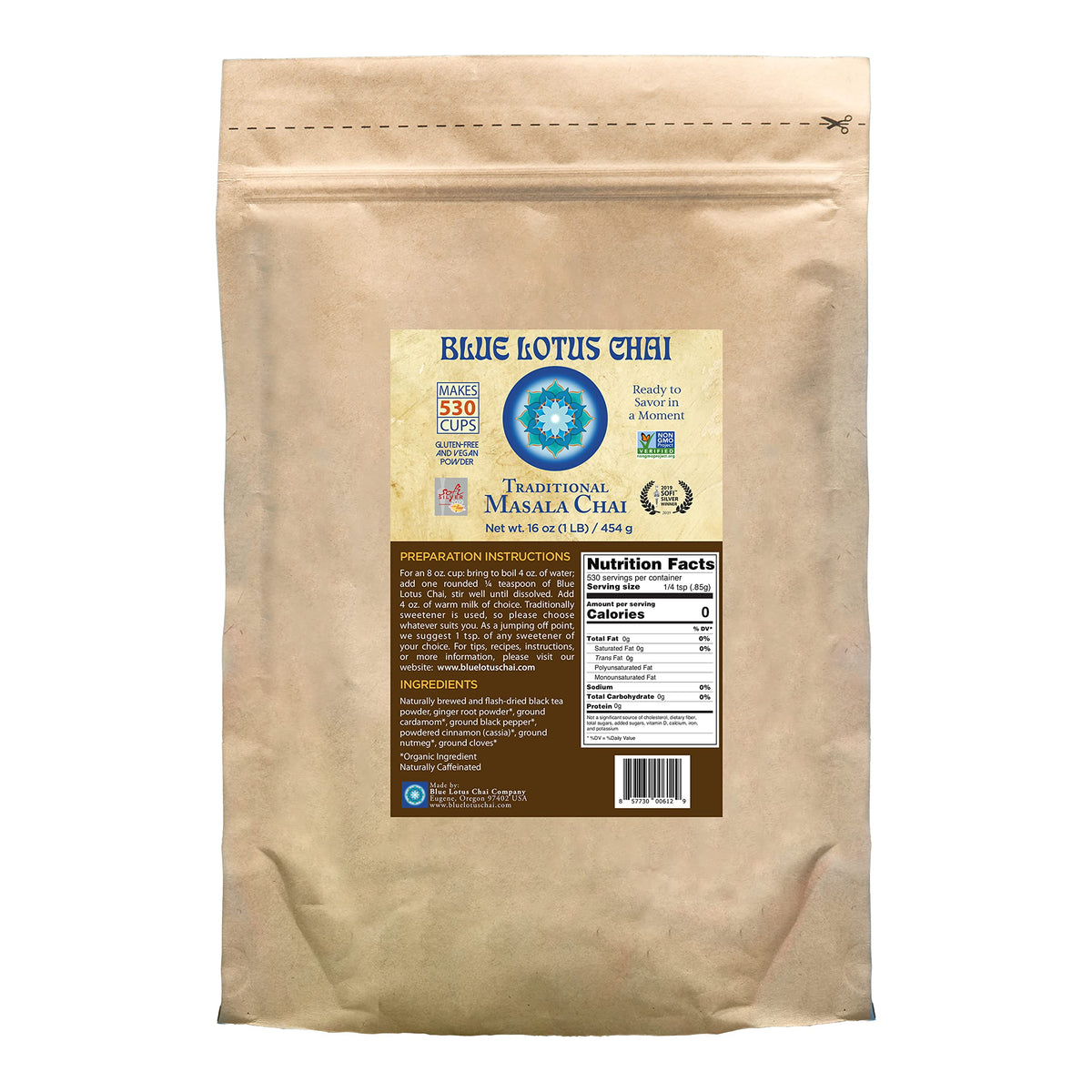 Blue Lotus Chai bulk bag front shows packaging for quick, authentic tea.