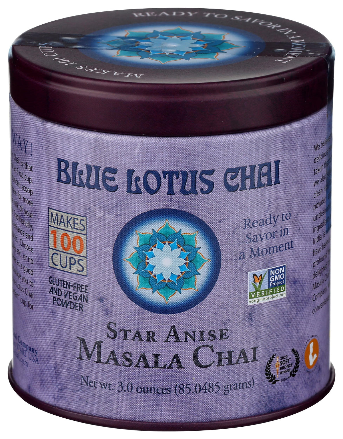 Blue Lotus Chai gluten-free vegan formula emphasizes plant-based, clean ingredients.