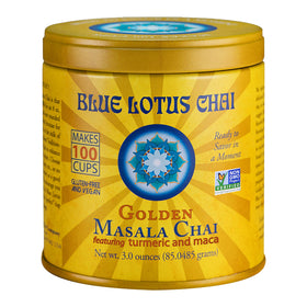 Blue Lotus Chai Golden Masala powder tin with organic spices for rich flavor