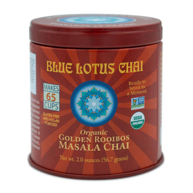 Blue Lotus Chai golden rooibos tin shows caffeine-free, rich flavor ready in seconds.