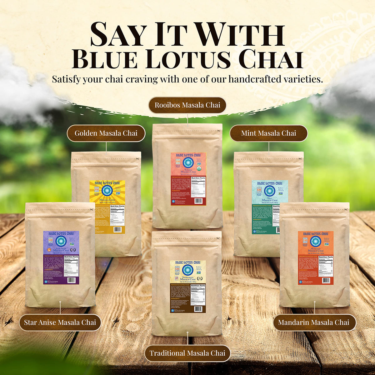 Blue Lotus Chai ingredients label shows organic spices.