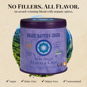 Blue Lotus Chai instant tea concentrate demonstrates seconds-ready chai prep.