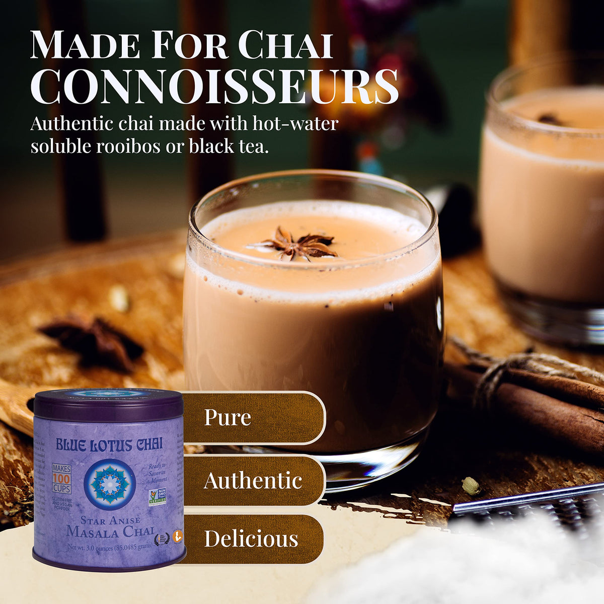 Blue Lotus Chai organic spice powder highlights pure, additive-free spice blend.