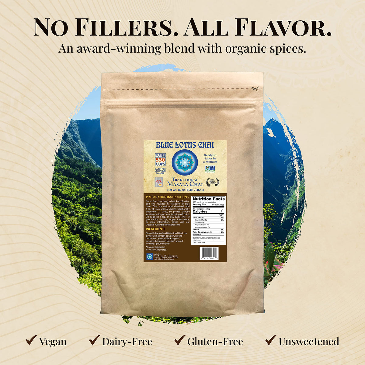 Blue Lotus Chai organic spices tin highlights pure ingredients.