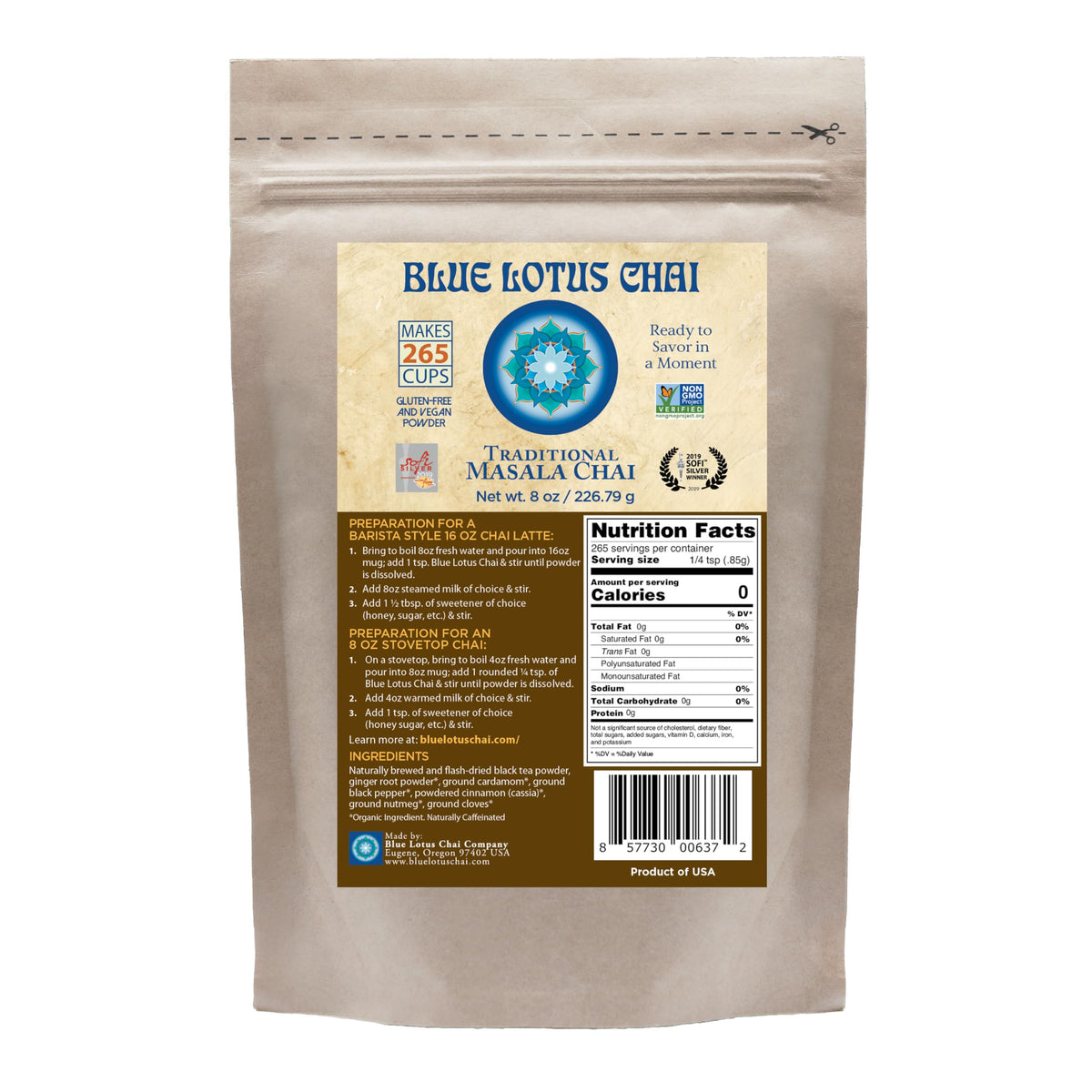 Blue Lotus Chai packaging close-up highlights organic spice blend for authentic flavor.