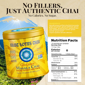 Blue Lotus Chai packaging emphasizes no GMOs and clean ingredients