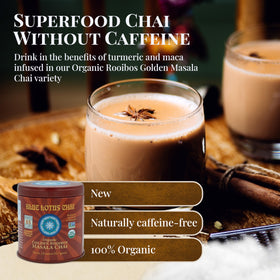 Blue Lotus Chai powder in cup demonstrates instant, delicious chai with hot water.