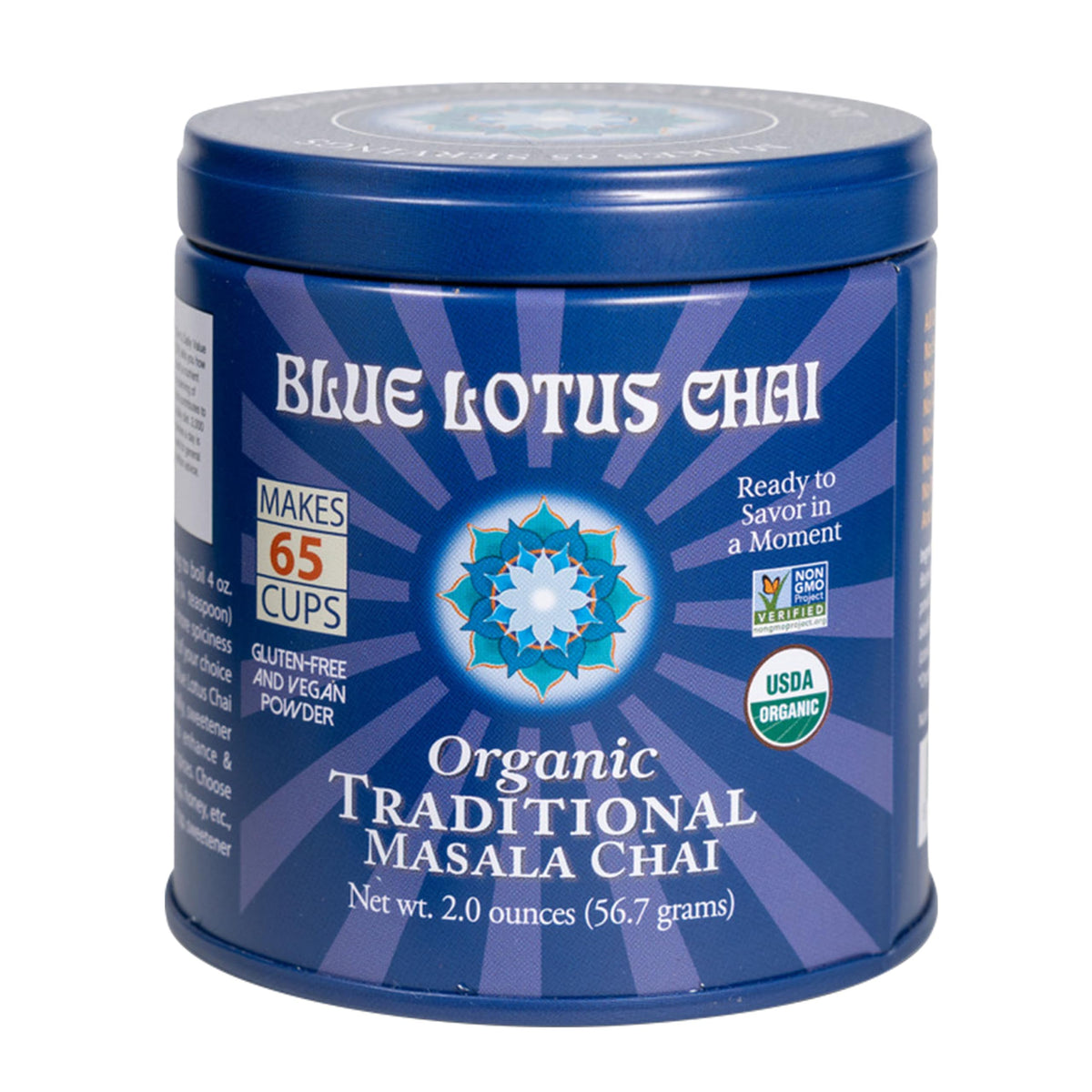 Blue Lotus Chai powder in a tin close-up highlighting organic spices for quick, authentic tea