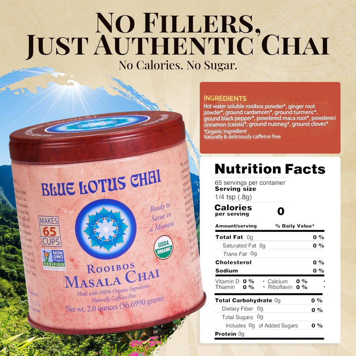 Blue Lotus Chai prepared cup with steam illustrates instant chai without steeping.