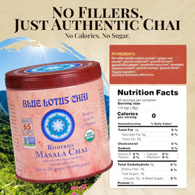 Blue Lotus Chai prepared cup with steam illustrates instant chai without steeping.