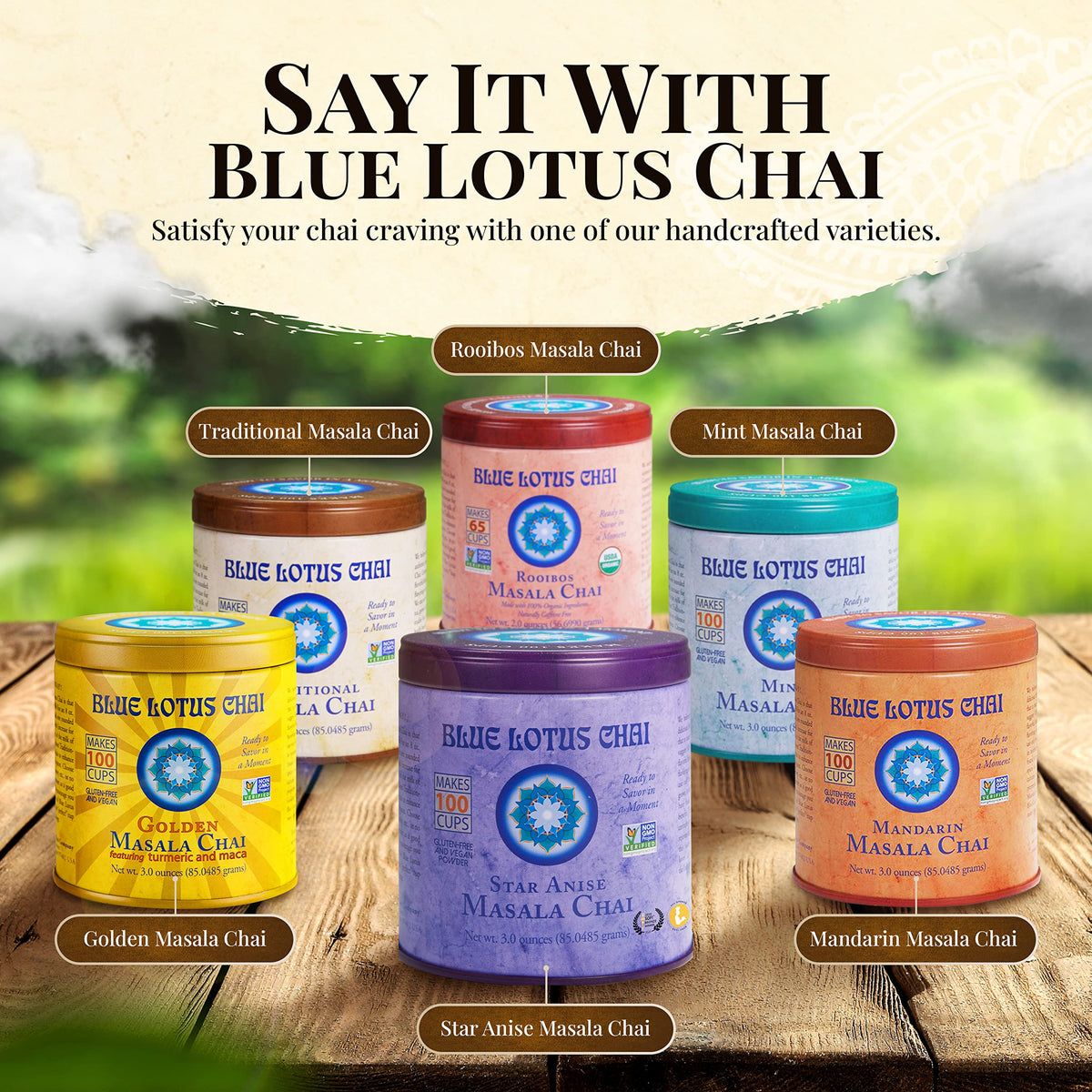 Blue Lotus Chai quick-brew scene shows instant chai without steeping.