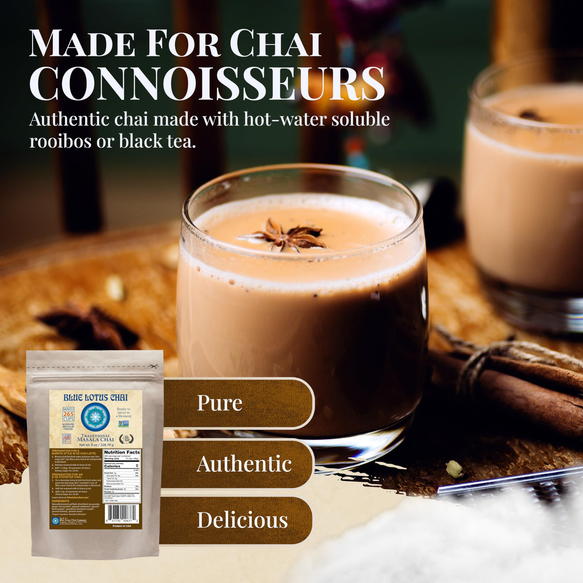 Blue Lotus Chai spice blend close-up reveals aromatic, bold masala notes.