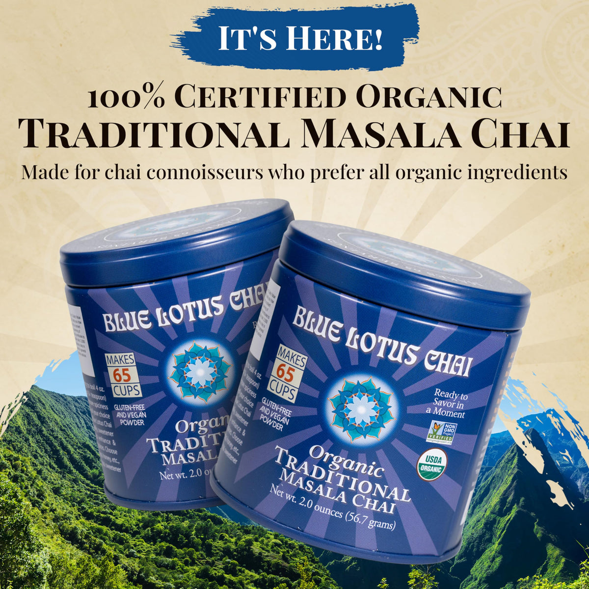 Blue Lotus Chai organic spice blend on display for a pure chai experience