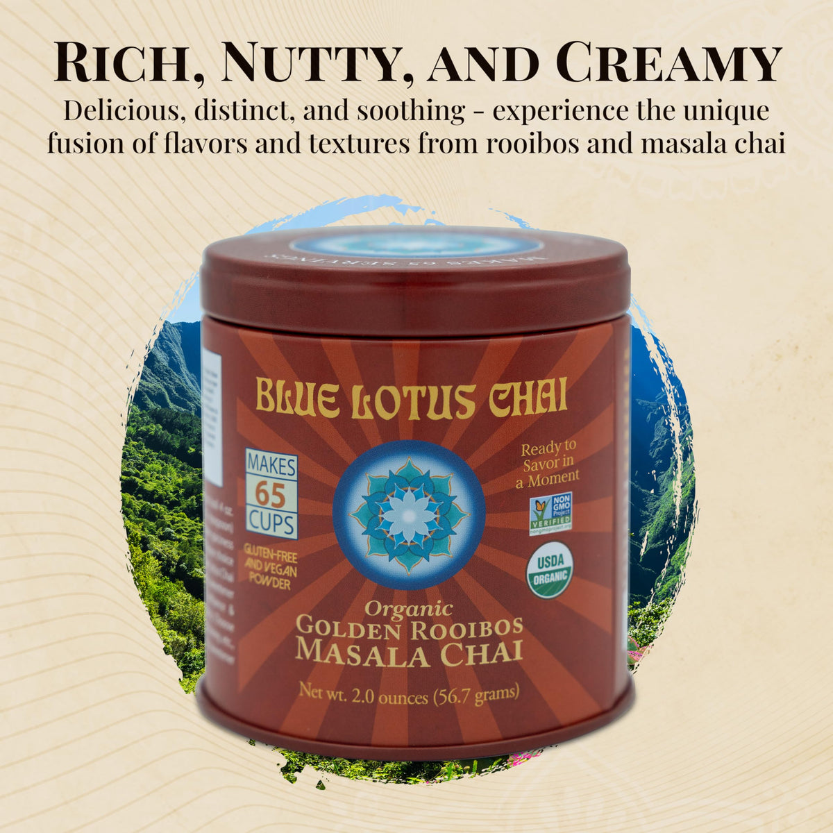Blue Lotus Chai steaming mug invites cozy, caffeine-free relaxation.