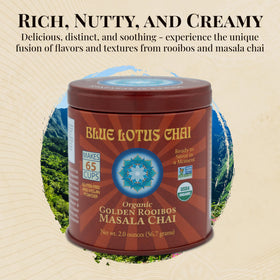 Blue Lotus Chai steaming mug invites cozy, caffeine-free relaxation.