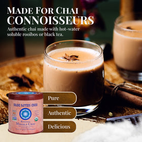 Blue Lotus Chai tin back reveals organic spice blend and caffeine-free rooibos base.