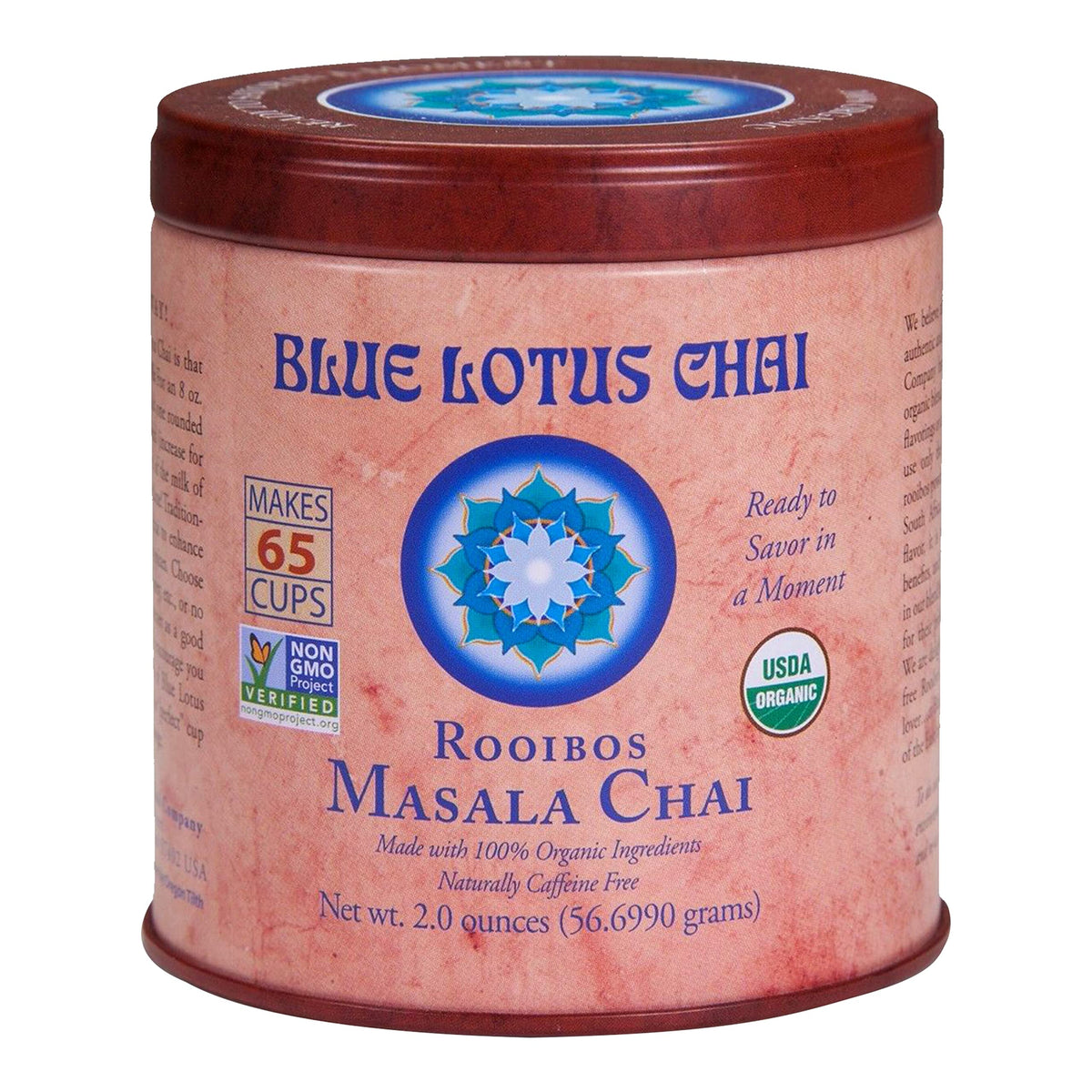 Blue Lotus Chai tin front showcases authentic rooibos masala spice blend for quick, flavorful cups.