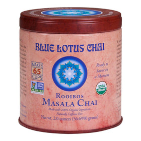 Blue Lotus Chai tin front showcases authentic rooibos masala spice blend for quick, flavorful cups.