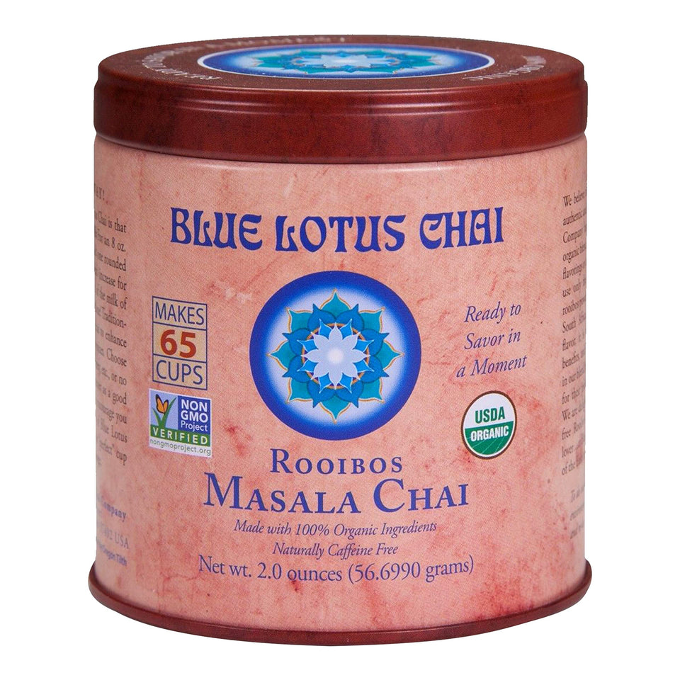 Blue Lotus Chai tin front showcases authentic rooibos masala spice blend for quick, flavorful cups.