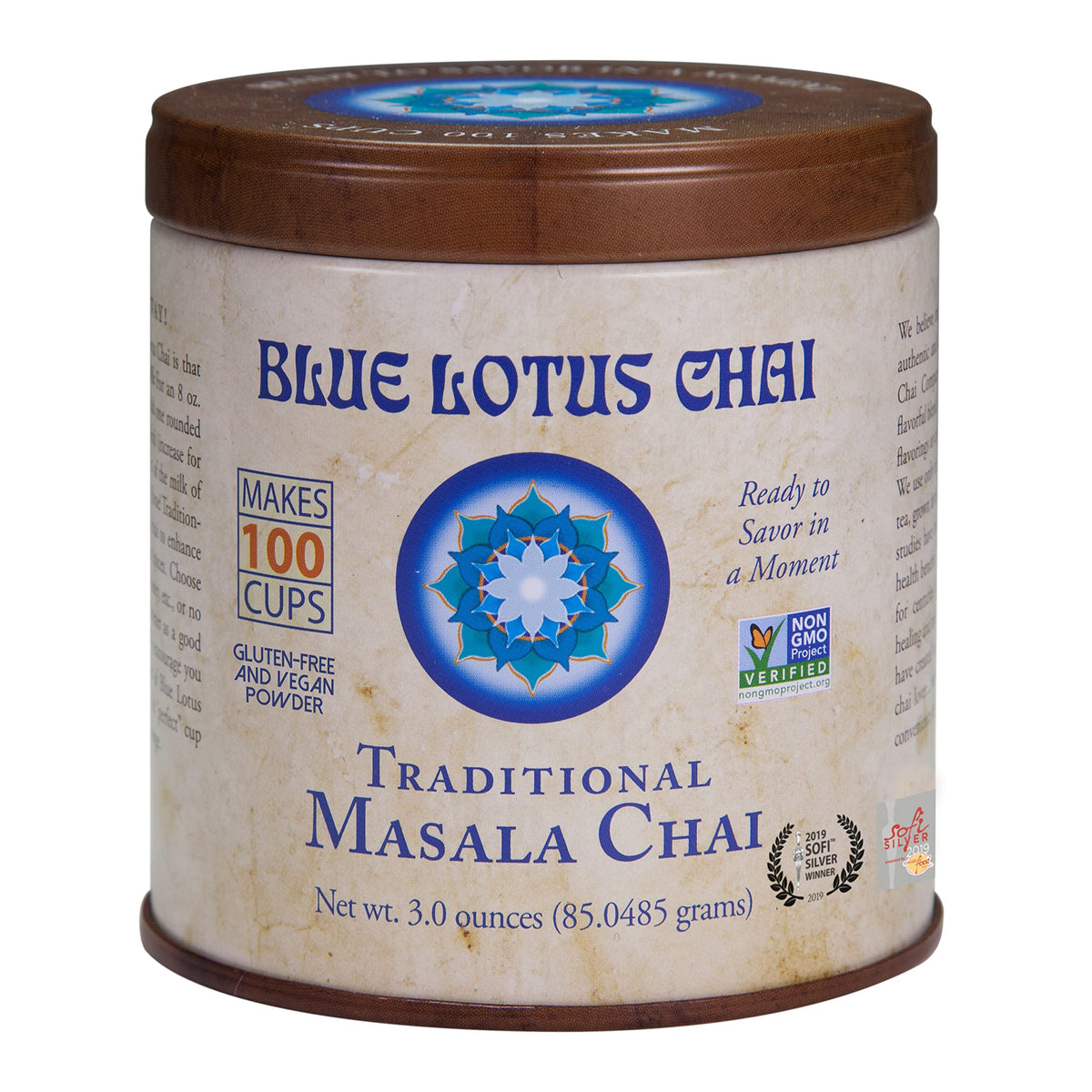 Blue Lotus Chai tin front with spices for quick authentic chai.