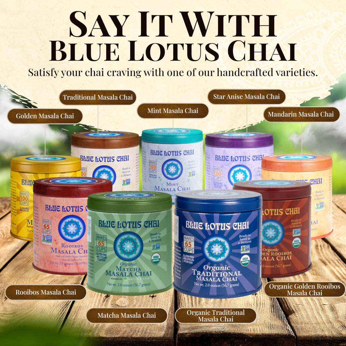 Blue Lotus Chai tin label highlights organic, vegan, no additives