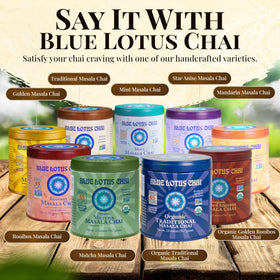 Blue Lotus Chai tin label highlights organic, vegan, no additives