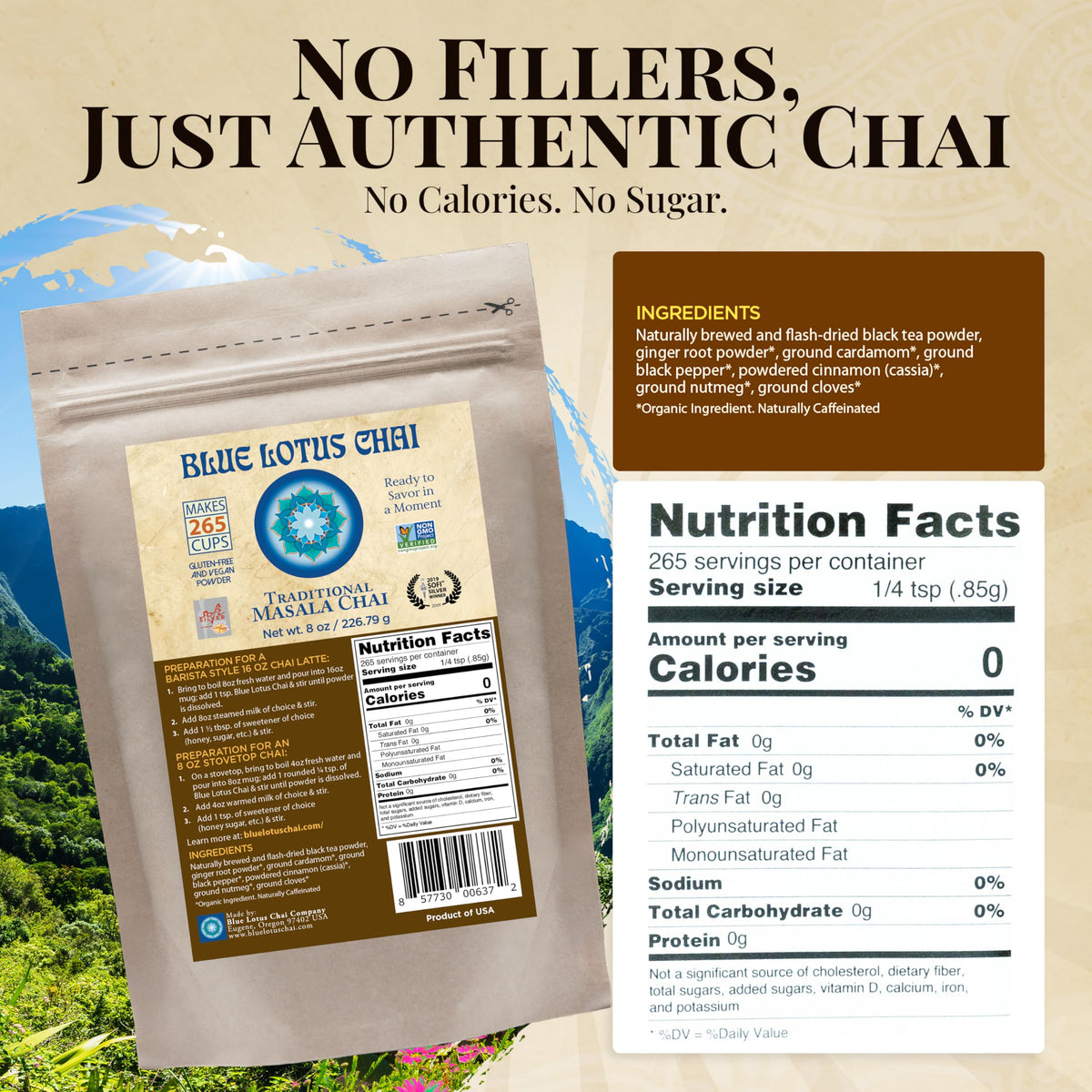 Blue Lotus Chai vegan gluten-free label highlights dietary suitability.