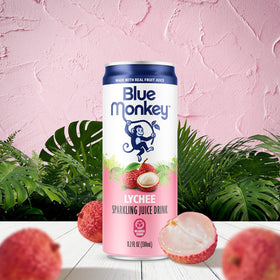Blue Monkey Sparkling Lychee Juice back label with halal certification and clear ingredients