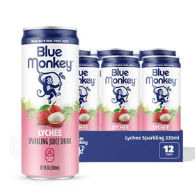 Blue Monkey Sparkling Lychee Juice can front label showing real fruit juice and no added sugar